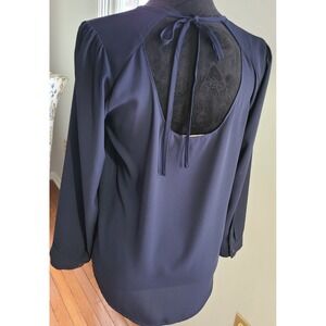 Elegant Eclair Blouse Sz S Minimalist Sophisticated Lt weight Navy Tie Sexy Back